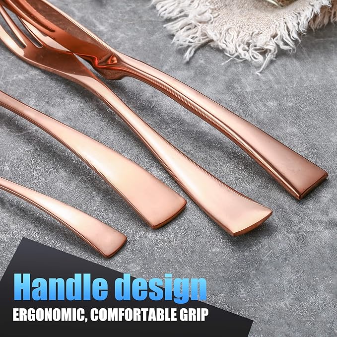 Lemeya 24 Pieces Rose gold Silverware Set for 6,Heavy Duty 18/10 Stainless Steel Flatware Set with Forged Stand Knife,Modern Cutlery Utensil Set,Mirror Polished,Dishwasher Safe