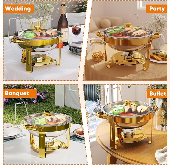 EffiQ-Rate 5QT Round Chafing Dishes for Buffet, Gold, 4 Pack
