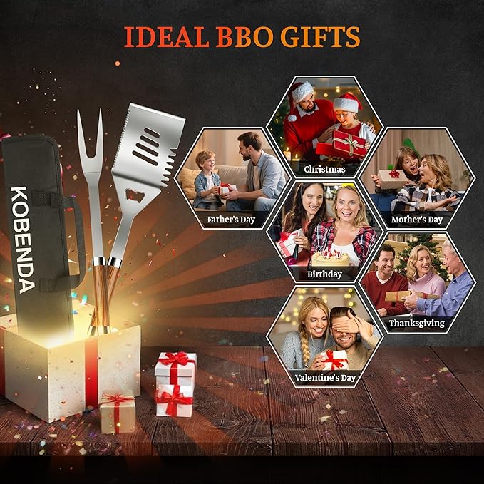 KOBENDA BBQ Grill Accessories, Stainless Steel Grilling Set with Storage Bag, Spatula, Fork, Cleaning Brush BBQ Accessories, Grill Tools Set for Outdoor Cooking Camping, Grilling Gifts for Men