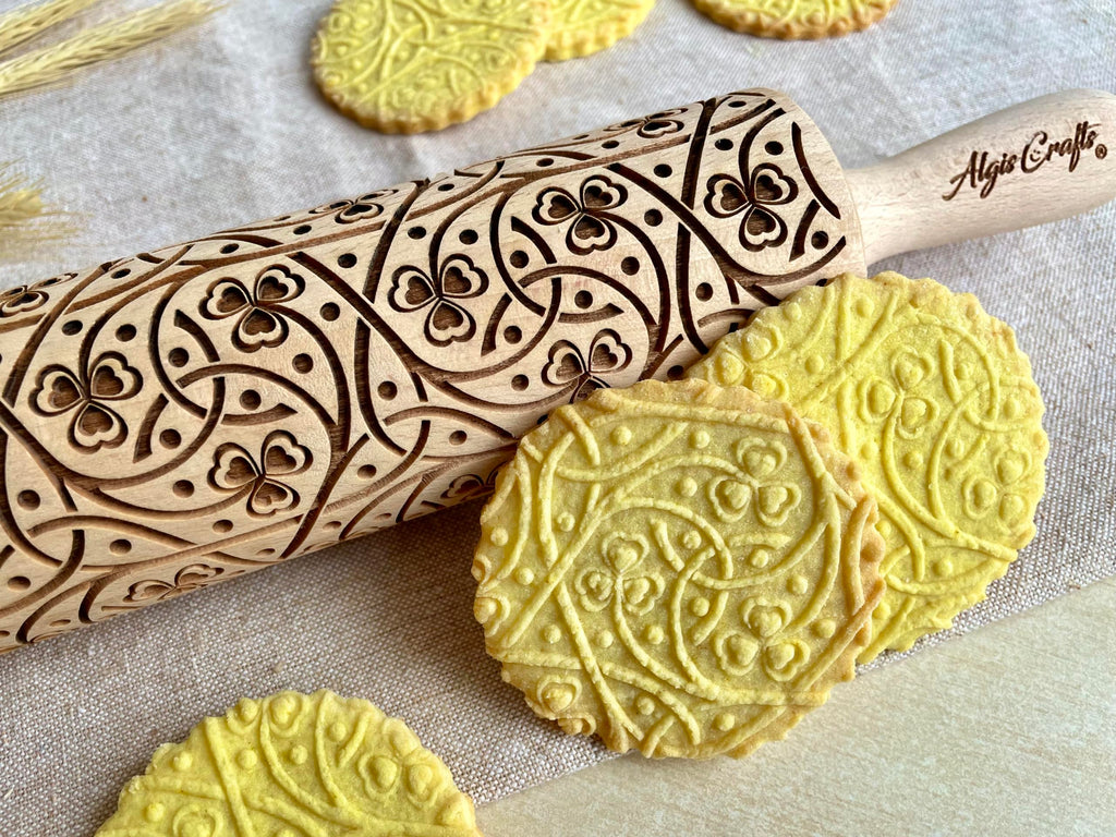 IRISH CLOVER KNOT Embossing Rolling Pin. Dough Roller with Shamrock Pattern for Homemade Cookies and Pottery by Algis Crafts