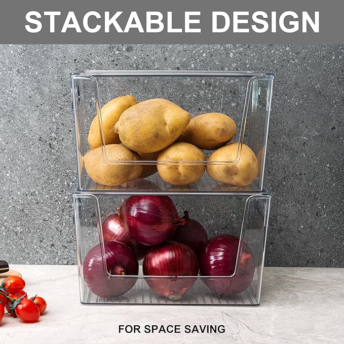 2 Pack Large Stackable Storage Bins, Plastic Container Organizer with Open Front, Pantry Organizers and Storage for Potato, Onion, Fruit and Vegetable, Clear Kitchen Laundry Organizer with Lid
