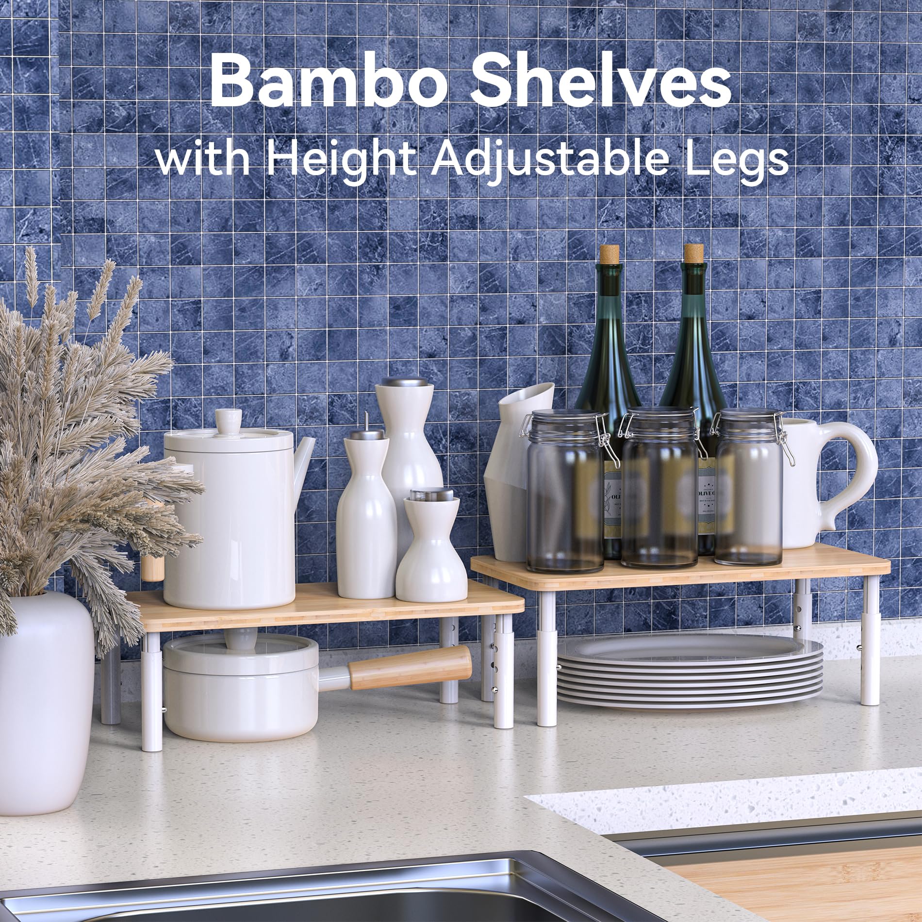 WELL WENG Bamboo Cabinet Organizer Shelf 2 Pack, Height Adjustable