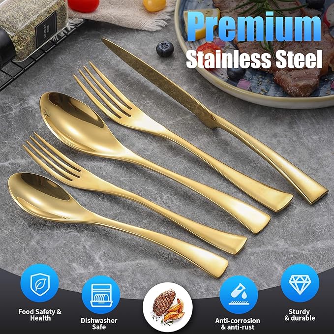 Lemeya 20-Pieces Gold Silverware Set for 4,Heavy Duty 18/10 Stainless Steel Flatware Set with Forged Stand Knives,Modern Cutlery Utensil Set,Mirror Polished,Dishwasher Safe