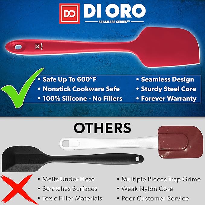 di Oro Living Large Silicone Spatula - 600F Heat-Resistant Spatula - Ergonomic Easy-to-Clean Seamless One-Piece Design - Pro-Grade Non-Stick Silicone Rubber with Stainless Steel S-Core Technology! (Red)