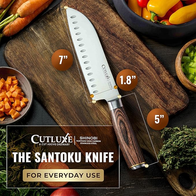 Cutluxe Santoku Knife, 7" Japanese Meat & Vegetable Knife for Chopping