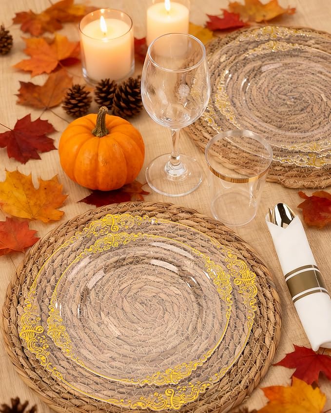 Nervure 350Pcs Clear Gold Plastic Plates, Dinnerware Sets for 50 Guests