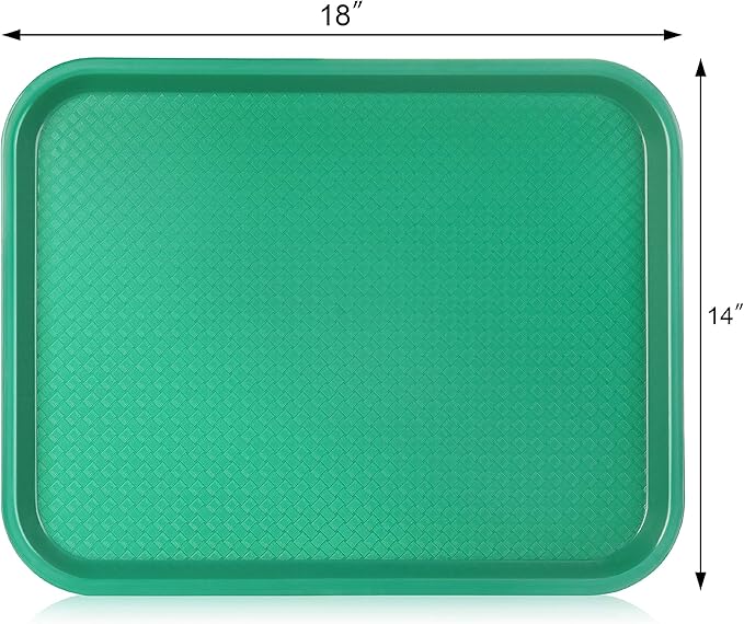 New Star Foodservice Fast Food Tray, 14 x 18 Inch Reusable Plastic Cafeteria Serving Tray, Textured Non-Slip Surface, Stackable Restaurant Tray, Green, Set of 12