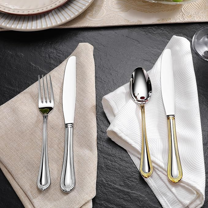 KEAWELL Premium Pearl Edge 20/45/65-Piece Silverware Set (45, Gold Accent)
