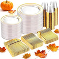 bUCLA 600PCS Clear Plates with Gold Trim - Clear Gold Dinnerware Set Disposable Include 100 Dinner/100 Dessert Plates, 100 Knives, 100 Forks, 100 Spoons, 100 Cups for Wedding, Party