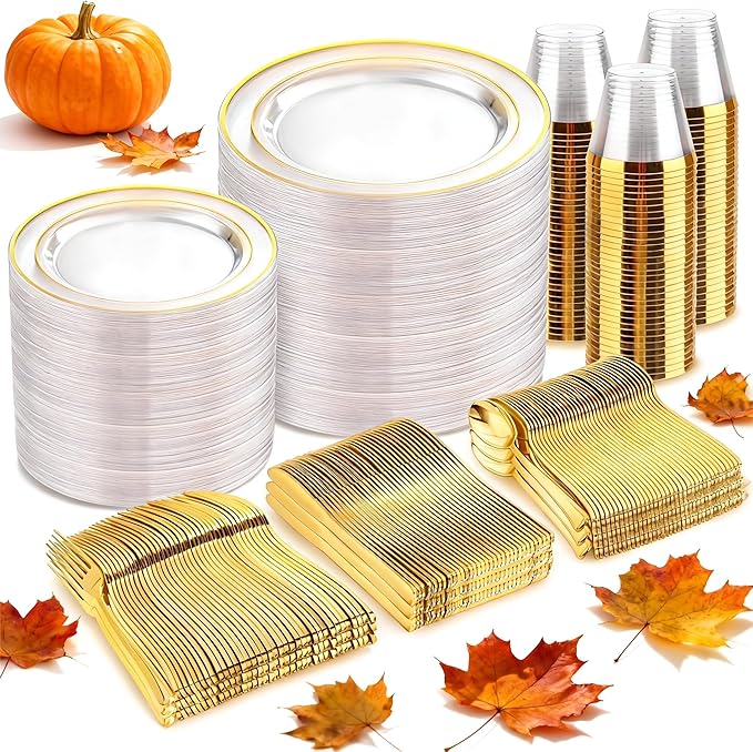 bUCLA 600PCS Clear Plates with Gold Trim - Clear Gold Dinnerware Set Disposable Include 100 Dinner/100 Dessert Plates, 100 Knives, 100 Forks, 100 Spoons, 100 Cups for Wedding, Party
