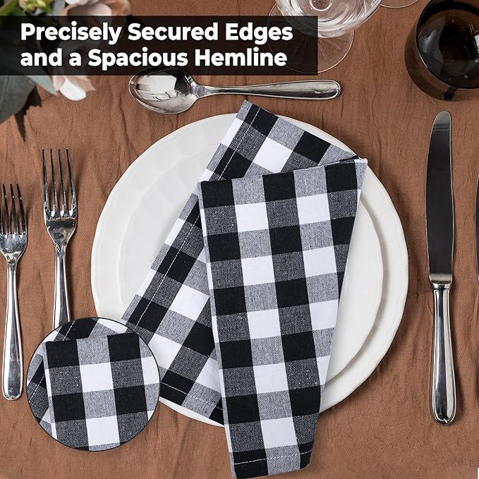 Urban Villa Cloth Napkins Cotton 20x20 (Set of 12) Black Cheks