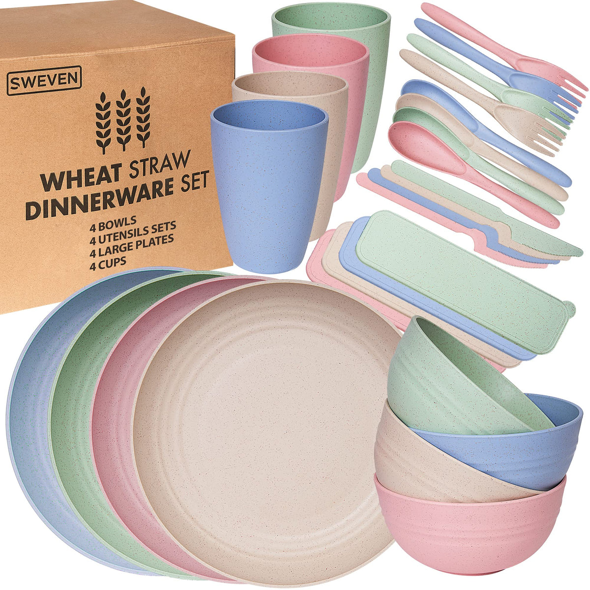 Wheat Straw Dinnerware Sets | Unbreakable Dinnerware Sets | Dishwasher Microwave Safe Dinnerware | Eco Friendly Non Breakable Dinnerware Sets | RV Outdoor Camping (Black, Service for 4 (16 pcs))