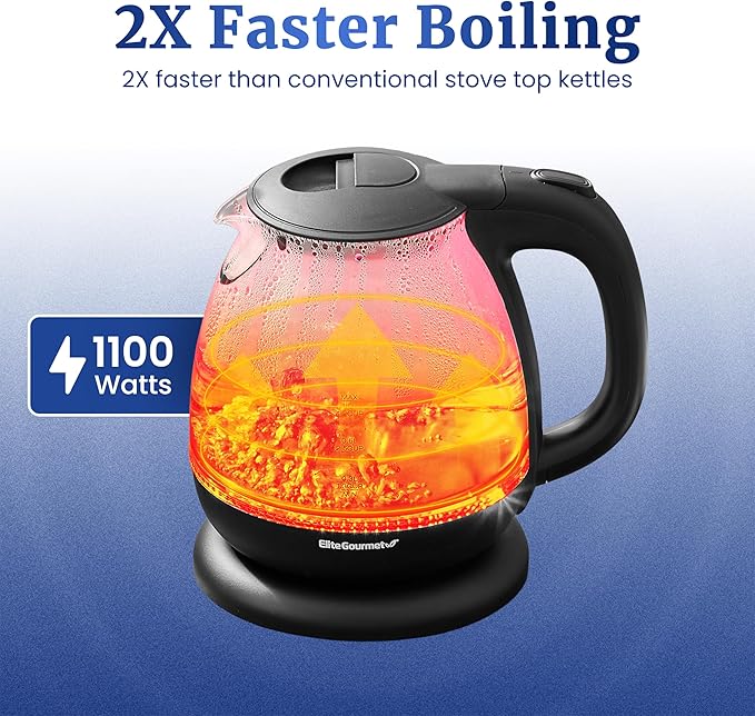 Elite Gourmet EKT1001B 1.0L Electric Glass Kettle, 1100W, Graphite Black