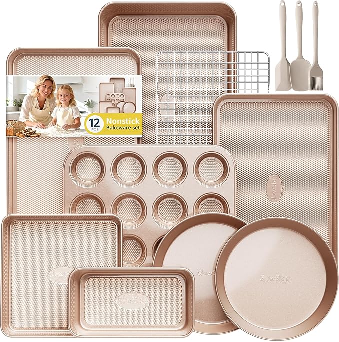 12-Piece Nonstick Bakeware Set with Baking Pan - Ceramic Coated Gold