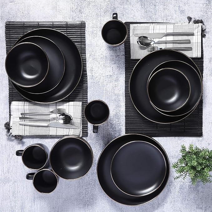 Gibson Home Rockaway 16-Piece Round Stoneware Dinnerware Set, Service for 4 – Black with Gold Rim Plates and Bowls, Microwave & Dishwasher Safe