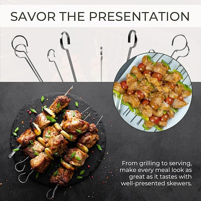 O-Yaki Flat Metal Kabob Skewer for Grilling Set of 8 BBQ Skewers Stainless Steel with Storage Bag, Dishwasher Safe with Hook Handle & Sharp Tip for BBQ, Cookouts & Oven Use 12 Inch