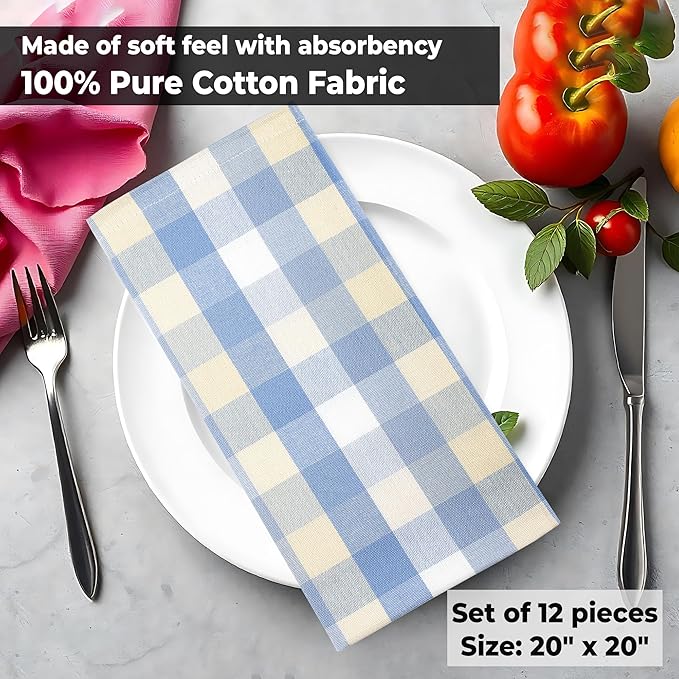 Urban Villa Cloth Napkins Cotton 20x20 (Set of 12) Blue Sand Checks