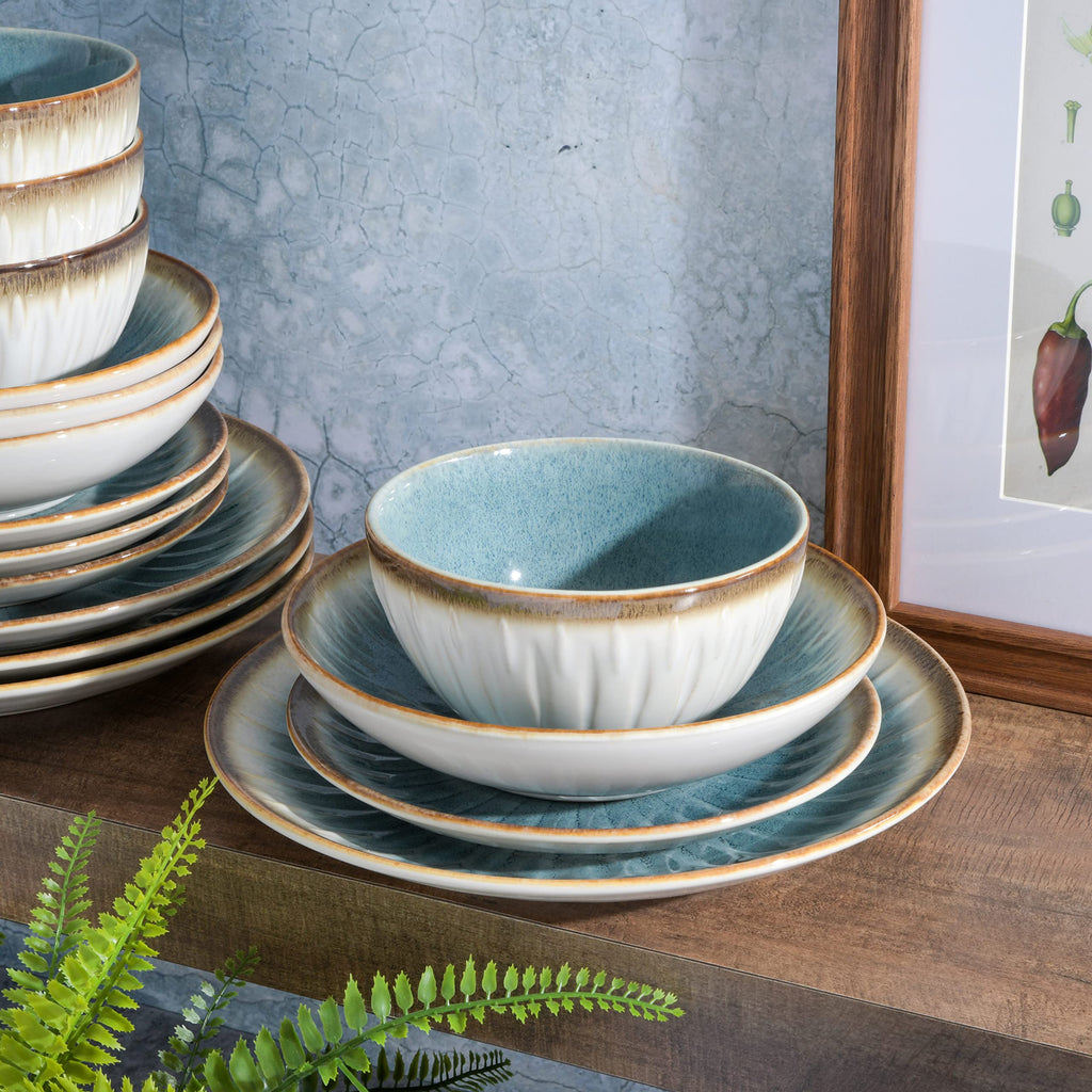 Gibson Elite Mayfair Bay 16-Piece Embossed Double Bowl Dinnerware Set, Service for 4 – Blue Stoneware Plates and Bowls