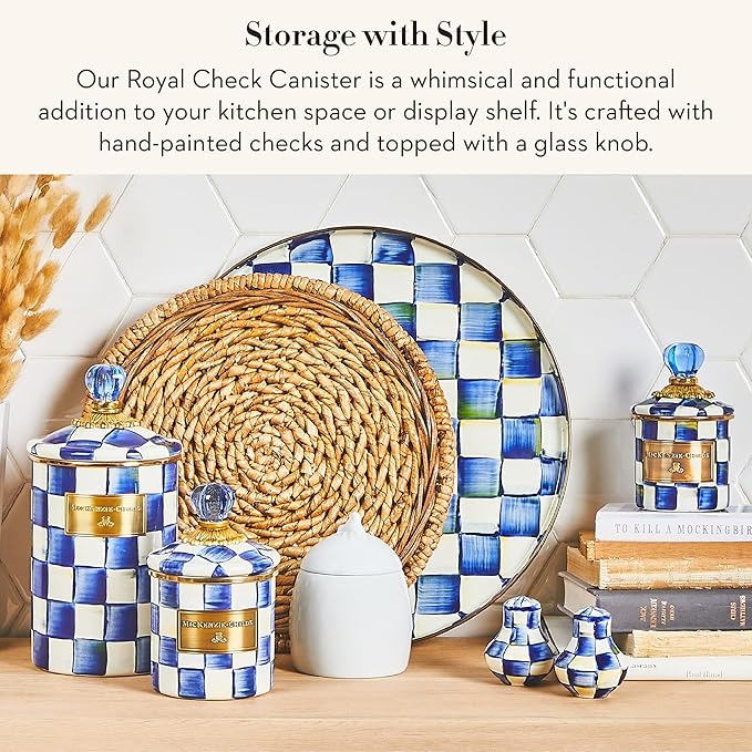 MACKENZIE-CHILDS Enamel Canister, Large, Blue-and-White Royal Check