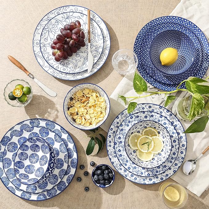 Selamica Ceramic Dinnerware Sets, 12 pcs Plates and Bowls Sets,Vintage Blue