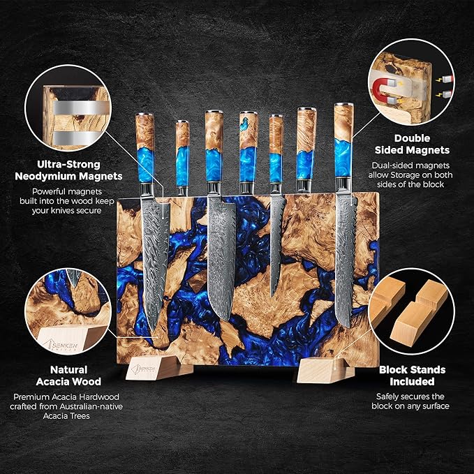 SENKEN "Dark Tsunami" Extra Large Magnetic Knife Block - Holds Up to 16 Knives - Knife Block without Knives, Beautiful Dark Blue Resin Burl Wood Blend Knife Holder ("Dark Tsunami " Blue Resin Blend)