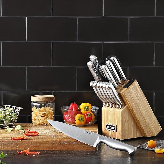 McCook Knife Set Kitchen Steel Knife Block Set w Built-in Sharpener