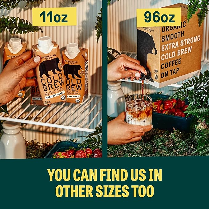Wandering Bear Organic Cold Brew Coffee Variety Pack - Extra Strong, Bold, Smooth, Unsweetened, Shelf-Stable, Ready to Drink & Vegan, Iced Cold Brewed Coffee Drink - 32 fl oz (3pk - Vanilla, Caramel, Mocha)