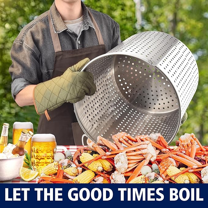 ARC 100QT Stainless Steel Seafood Boil Pot with Basket and Two Brown Paper