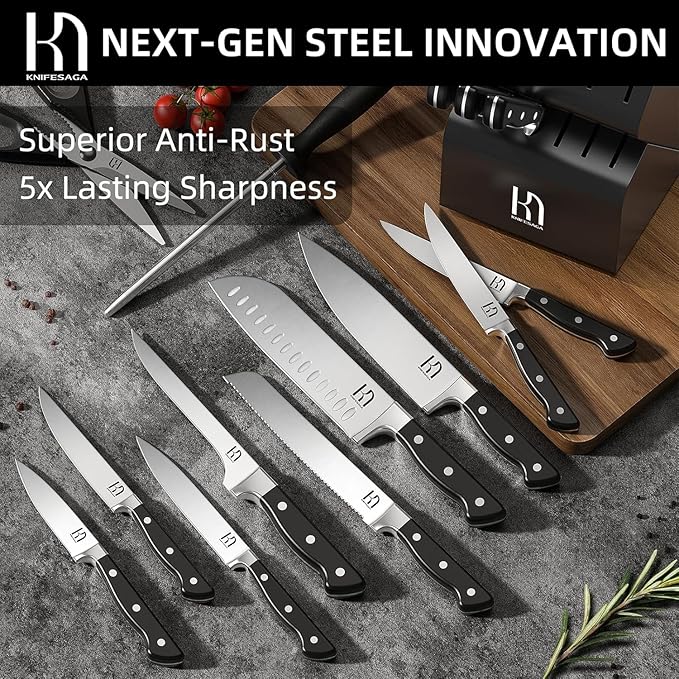 KnifeSaga Japanese Knife Set with Sharpener, Premuim, Razor Sharp, 15 Pcs