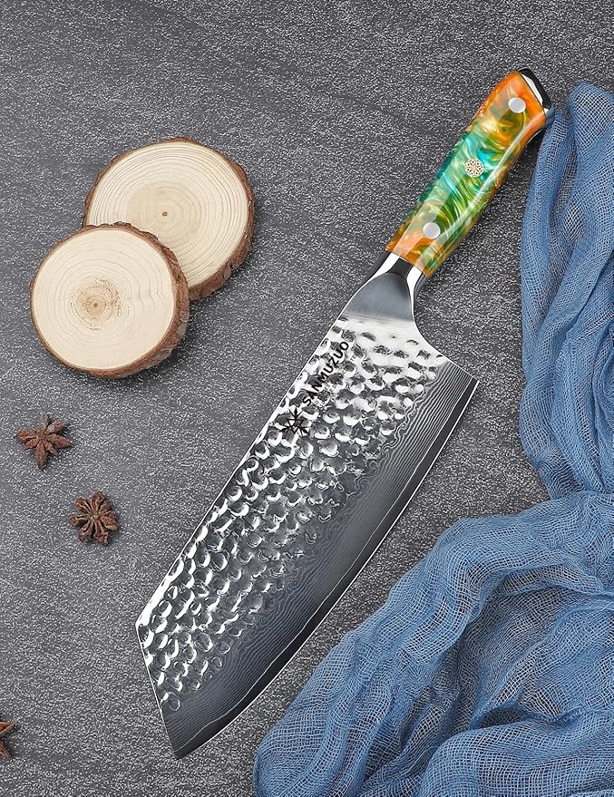 SANMUZUO 7.5" Nakiri Knife - Kitchen Vegetable Cleaver - Japanese Usuba Knife - Hammered Damascus Steel & Resin Handle - YAO Series