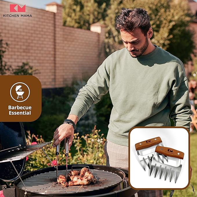 Kitchen Mama Meat Claws, Stainless Steel with Wooden Handle, 1 Pair