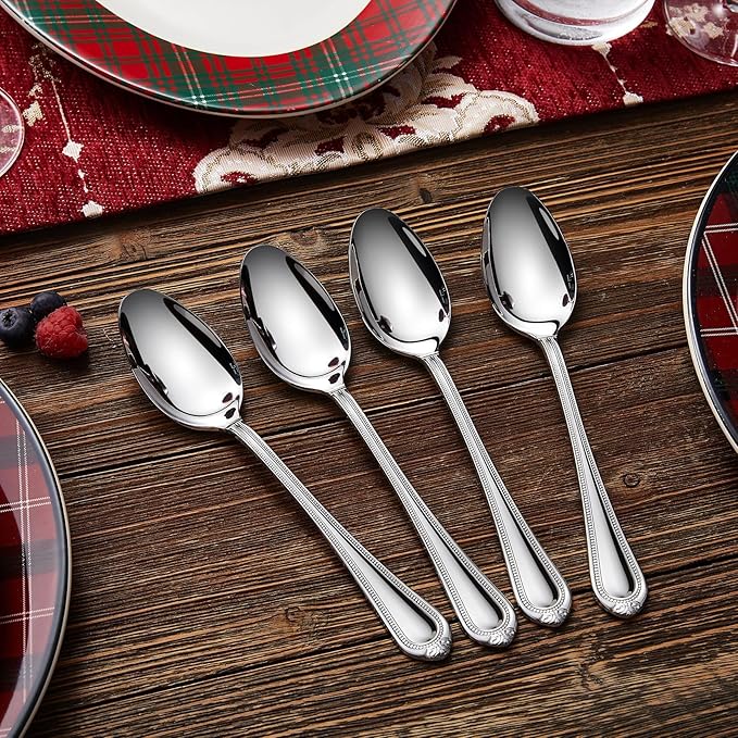 KEAWELL Pearl Edge 4-Piece 7.56-Inch Spoons (Silver, 7.56" Dinner Spoons)
