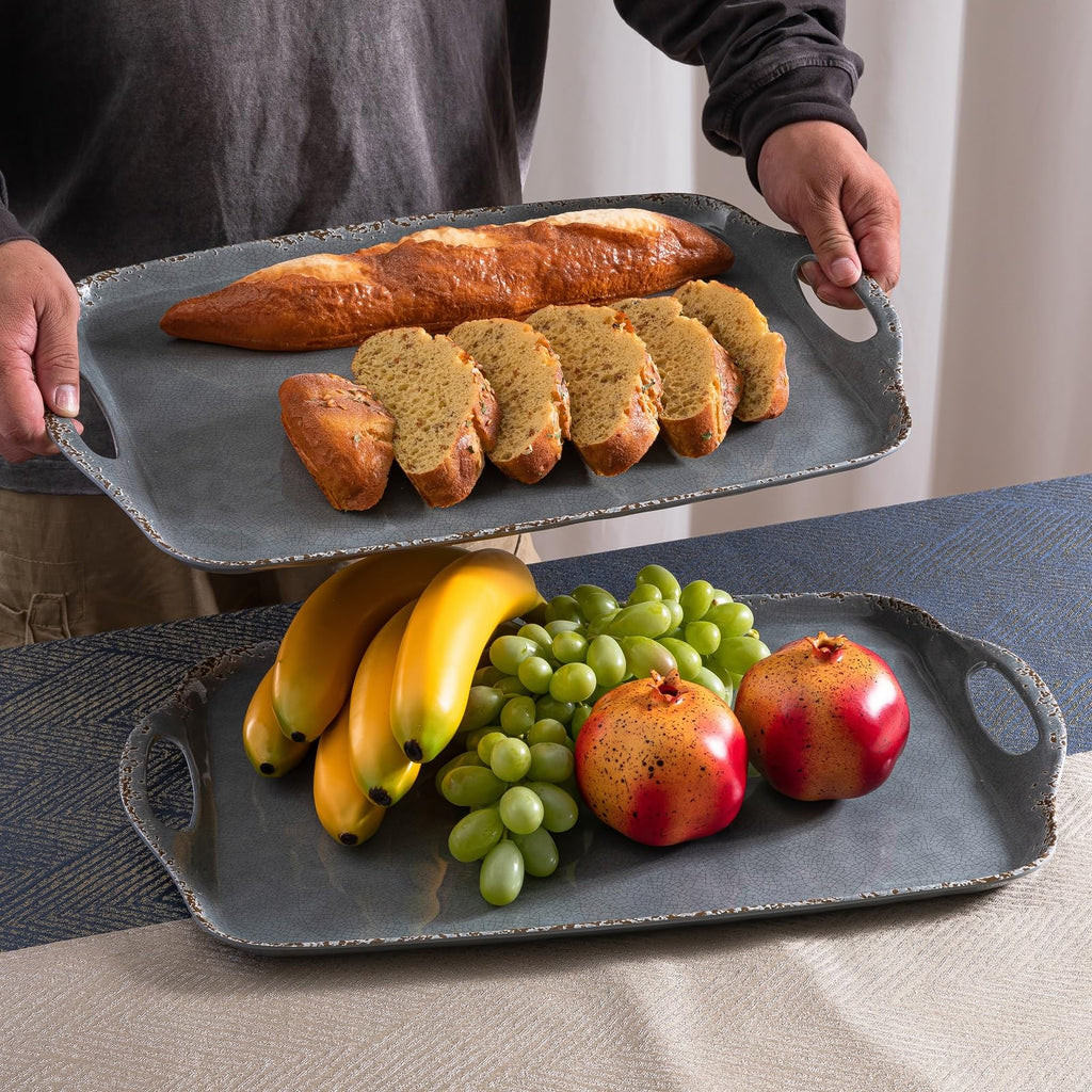 ZAROCRUS Extra Large Serving Tray with Handles, 19 x12 inch, Set of 2, Melamine Platters for Serving Food, Turkey, Cookie, Farmhouse Rectangular Brekfast Tray, Dishwasher Safe, Gray