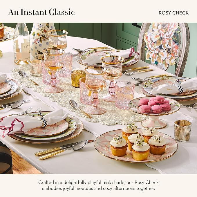 MACKENZIE-CHILDS Pedestal Platter, Small, Pink-and-White Rosy Check