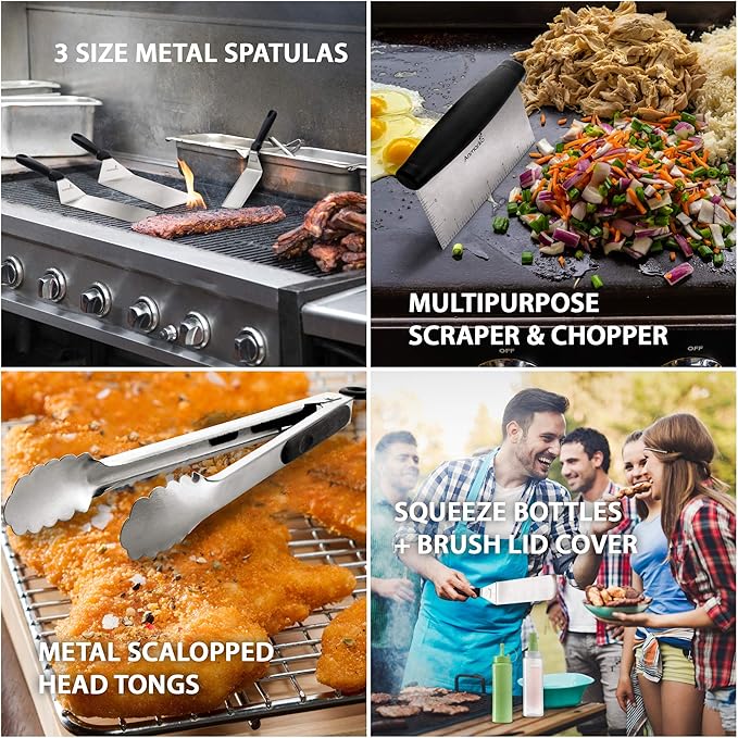 Metal Spatula and Scraper Set - Griddle Accessories kit - Grill Tongs Flat Spatula Pancake Flipper Hamburger Turner Squeeze bottles Set - Metal Utensil Great for BBQ Grill Flat Top Cast Iron