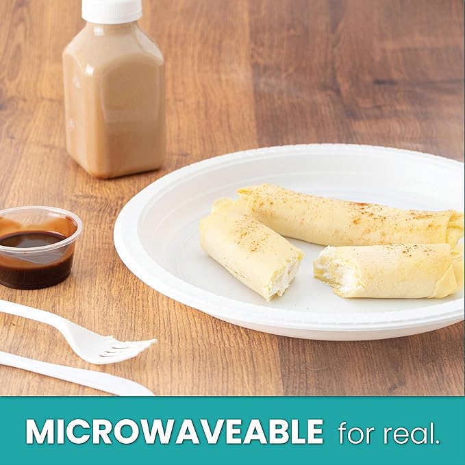 PLASTICPRO Round Plastic Plates Microwaveable, Disposable, White