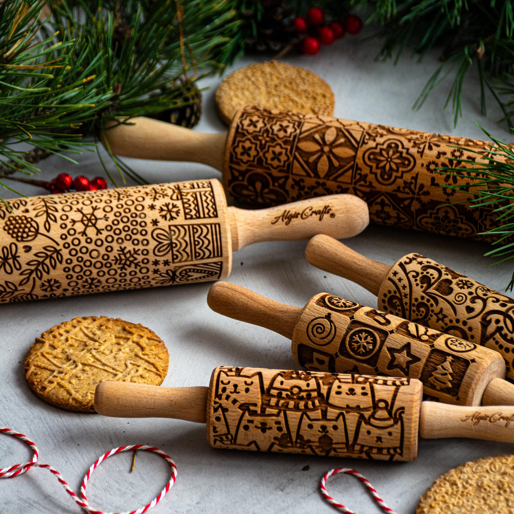 GOLDEN DAISIES Embossing Rolling Pin with Ornamental Bloom Pattern – Dough and Clay Roller for Embossed Cookies and Pottery - Cookie and Ceramic Stamp - Baking Gifts for Women by Algis Crafts