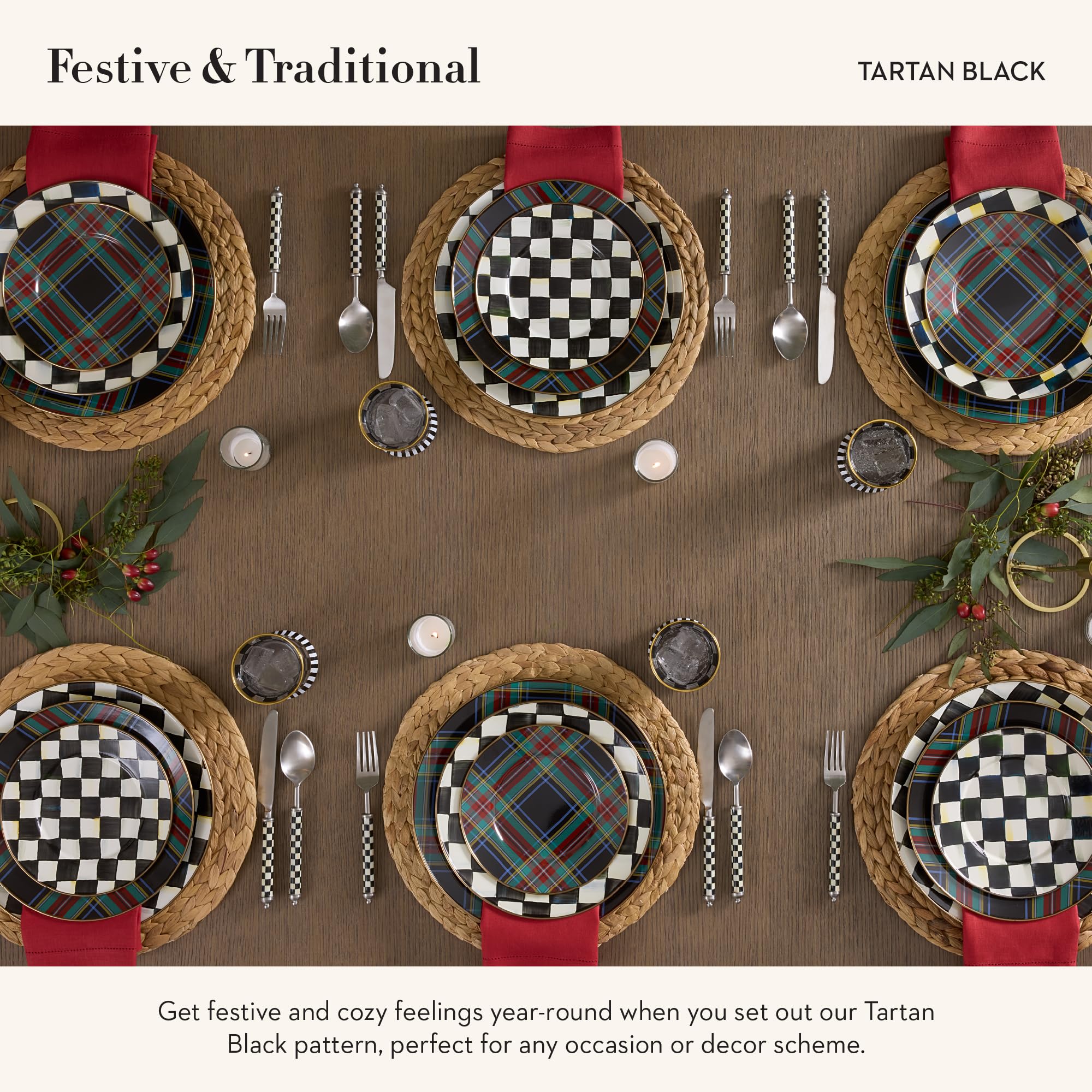 MACKENZIE-CHILDS Enamel Dinner Plate, Decorative Dinnerware Plate, 10 Inches, Set of 1, Black Tartan