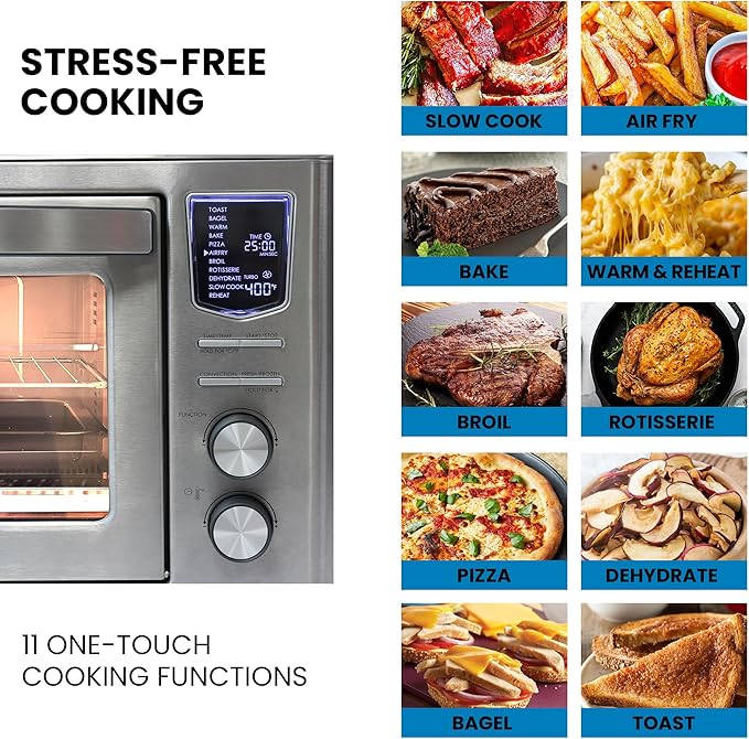 Kenmore Digital 11-In-1 Air Fryer Toaster Oven Combo 25 Qt Convection Rotisserie Dehydrator Bake Broil 1800 Watts 80°-450°F Temp Controls Top & Bottom Heater Adjustments Stainless Steel Large Capacity