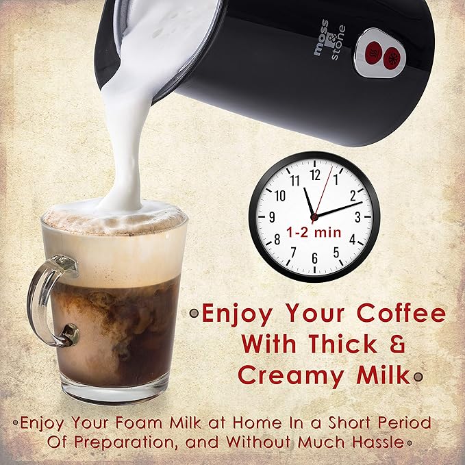 Moss & Stone Electric Milk Frother, Stainless Steel Milk Steamer & Milk Warmer, Automatic Shutoff, Non-Stick Interior, Cool Touch, 9.4 oz/6.0oz Capacity, Black Electric Frother for Hot Chocolate