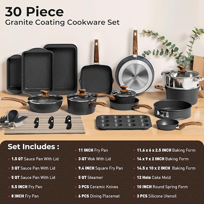 DishDelight 30 Pcs Pots and Pans Set Non Stick, Granite Induction Cookware