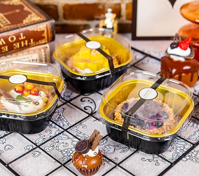 NPLUX Square Pans with Lids, 50 Pack Black Gold for Dessert Displays