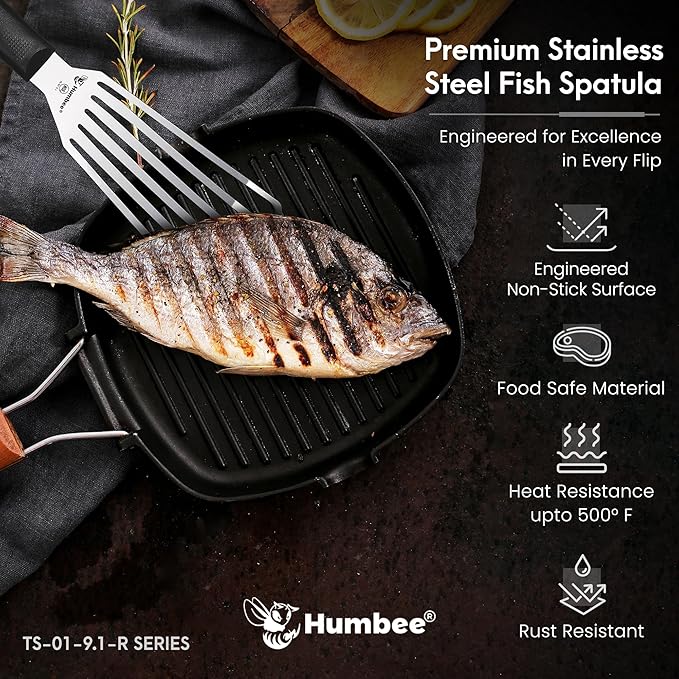 HUMBEE 9 Inches Fish Turner, Slotted Fish Spatula Dishwasher Safe NSF, Shovel Black