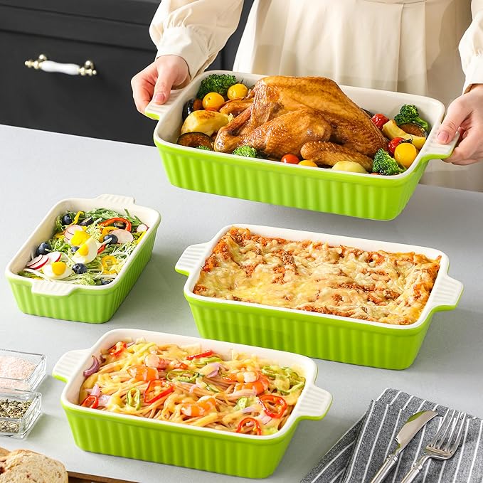 MALACASA Ceramic Baking Dishes Set of 4, Deep Casserole Dish, Green