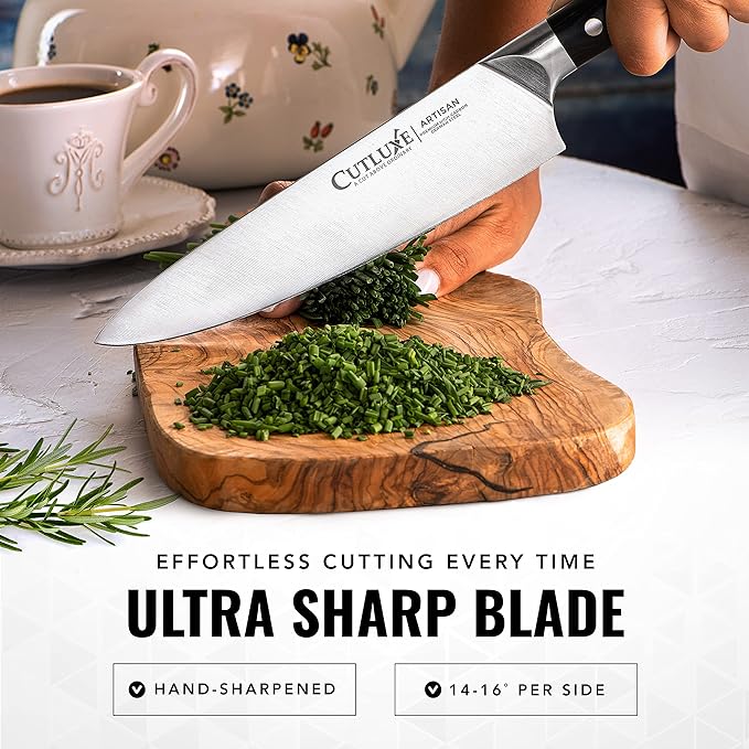 Cutluxe Chef Knife – 8" Kitchen Knife, German High Carbon Steel, Full Tang, Ergonomic Handle Design, Sheath Included – Artisan Series