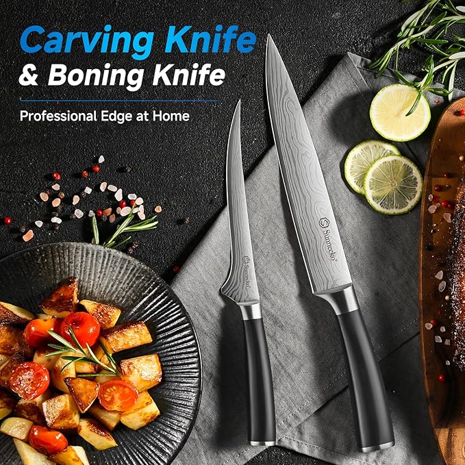 Knife Set with Block and Sharpener, 15 Piece Kitchen Knife Block Set