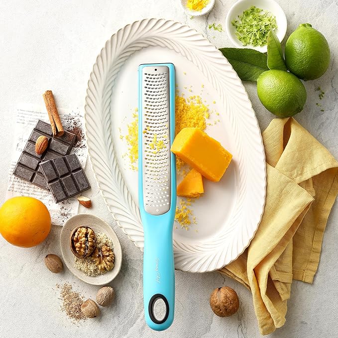 Spring Chef Premium Lemon Zester Grater with Handle - Fruits, Garlic, Chocolate, Nutmeg, Ginger Grater - Heavy Duty Kitchen Tool - Stainless Steel Citrus Zester with Blade Cover - Fine Shred, Aqua Sky