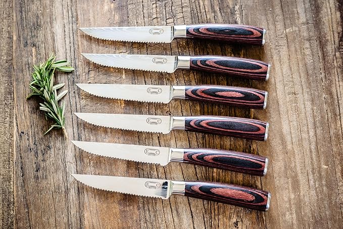 The Epicurean Cook Majesty Series Professional Steak Knife Set with Damascus Pattern - Razor Sharp Serrated Stainless Steel with Wooden Handle (Set of 6 Steak Knives)