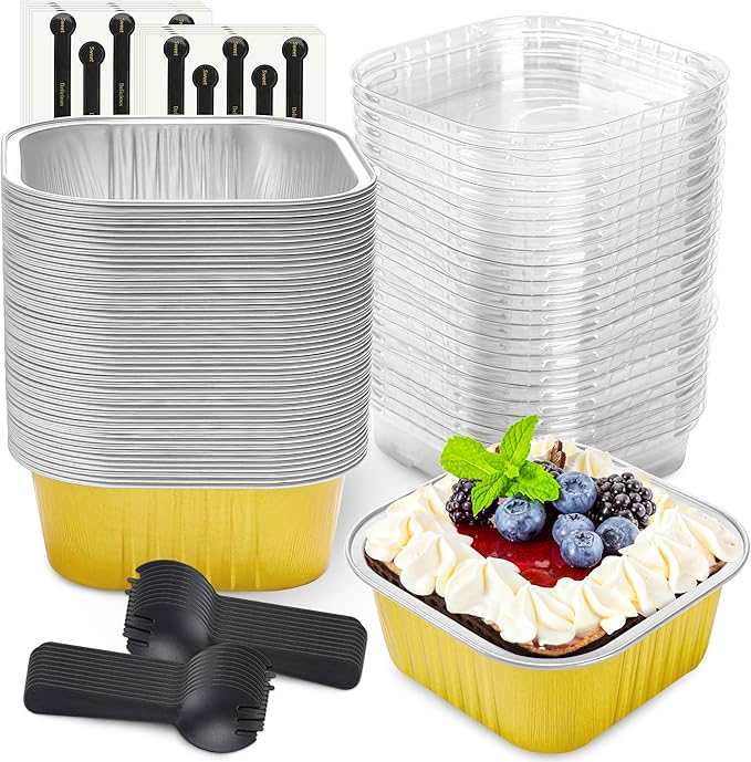 NPLUX Square Aluminum Pans with Lids, 50 Pack Gold for Dessert Displays