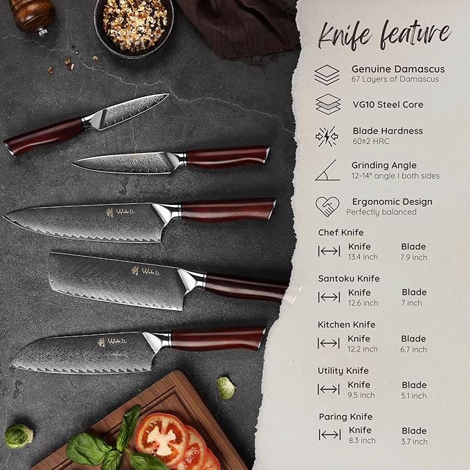 Wakoli Rose Elegance 5-Piece VG10 Damascus Knife Block Set, Magnetic Block